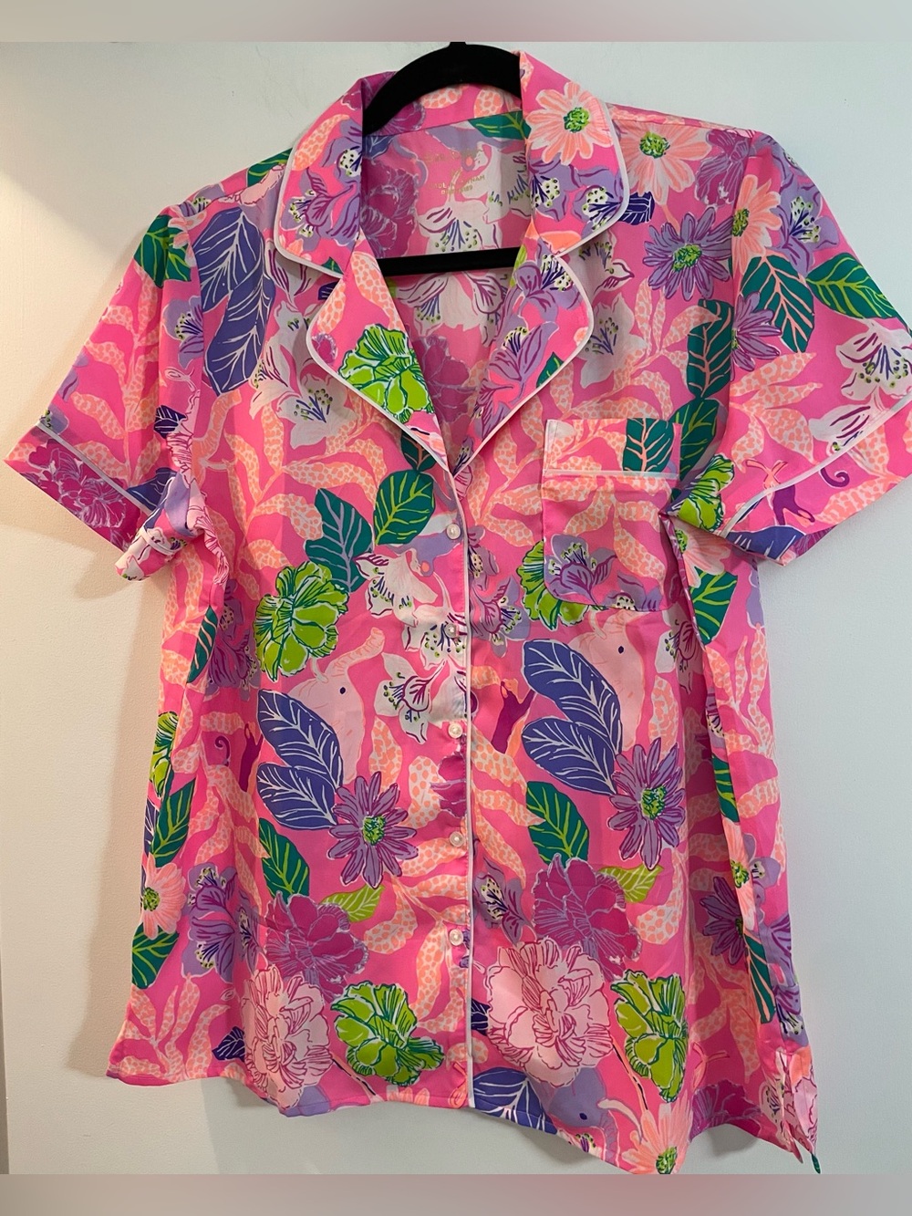 Lilly Pulitzer Teagan Hot Pink Floral & Leaf Print PJ Top Sz.M